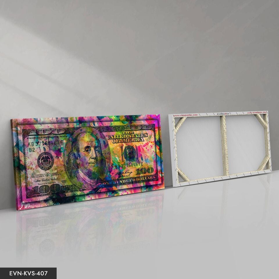 Renkli 100 Dolar Tek Parça Kanvas - Canvas Tablo 40 x 30 CM - Çok Renkli
