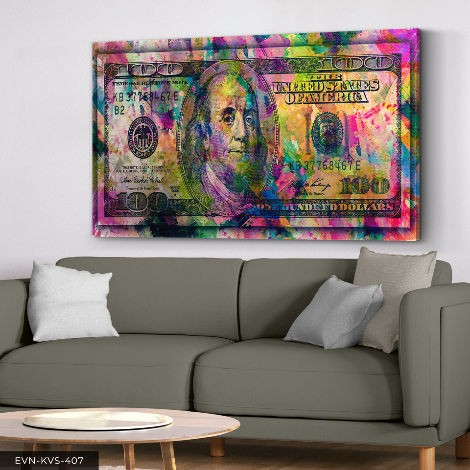 Renkli 100 Dolar Tek Parça Kanvas - Canvas Tablo 140 x 90 CM - Çok Renkli