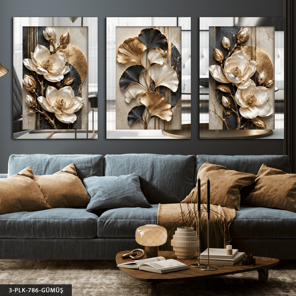 Dokulu Görünüm Gold Yapraklı Beyaz Çiçek 3 Parça Pleksi Aynalı Tablo Gümüş - 30 x 40 CM