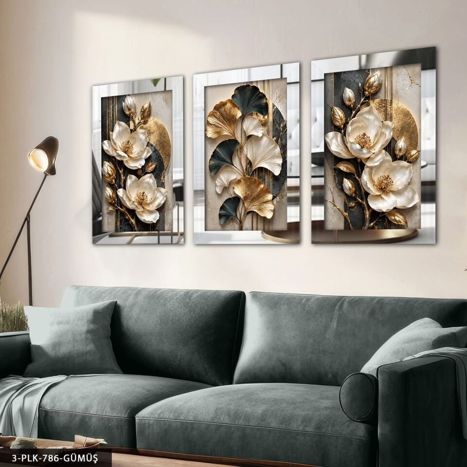 Dokulu Görünüm Gold Yapraklı Beyaz Çiçek 3 Parça Pleksi Aynalı Tablo Gümüş - 30 x 40 CM