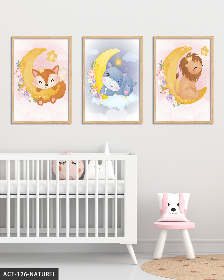 Hayvan Temalı Çocuk Odası 3 Parça Ahşap Çerçeveli Tablo ACT Naturel - 20 x 30 CM
