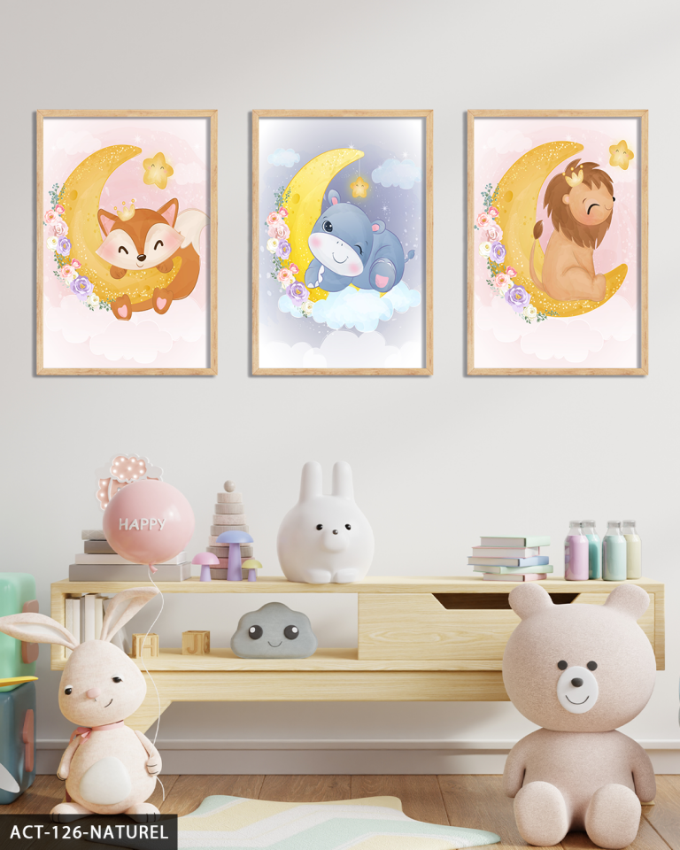 Hayvan Temalı Çocuk Odası 3 Parça Ahşap Çerçeveli Tablo ACT Naturel - 20 x 30 CM