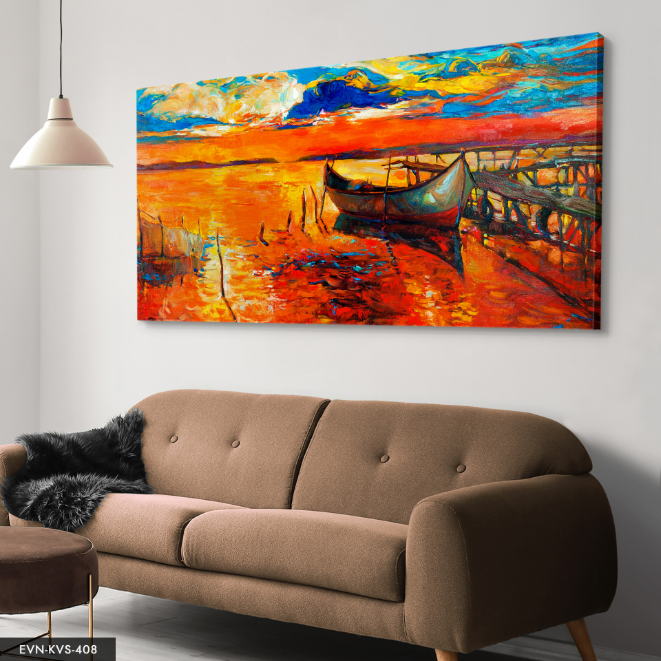 Yağlı Boya Görünümlü Kayık Tek Parça Kanvas - Canvas Tablo 140 x 90 CM - Çok Renkli
