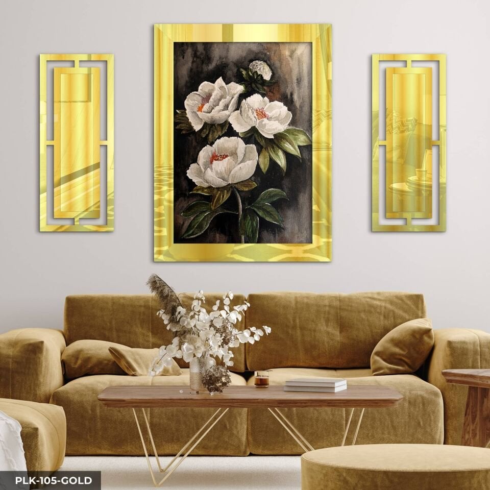 Sulu Boya Görünümlü Beyaz Çiçek Yan Dekorlu 3 Parça Pleksi Tablo DKRPLK Gold - 110 x 80 CM