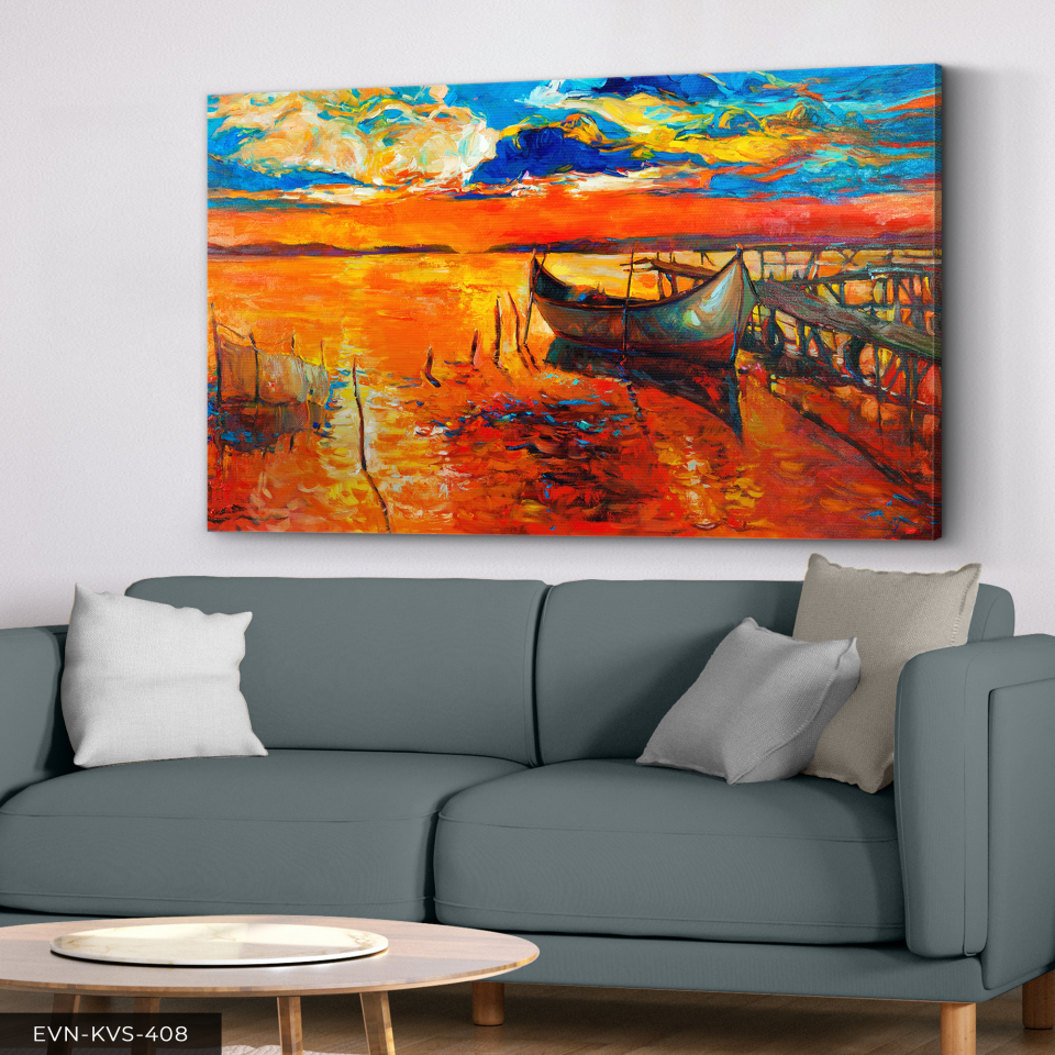 Yağlı Boya Görünümlü Kayık Tek Parça Kanvas - Canvas Tablo 140 x 90 CM - Çok Renkli