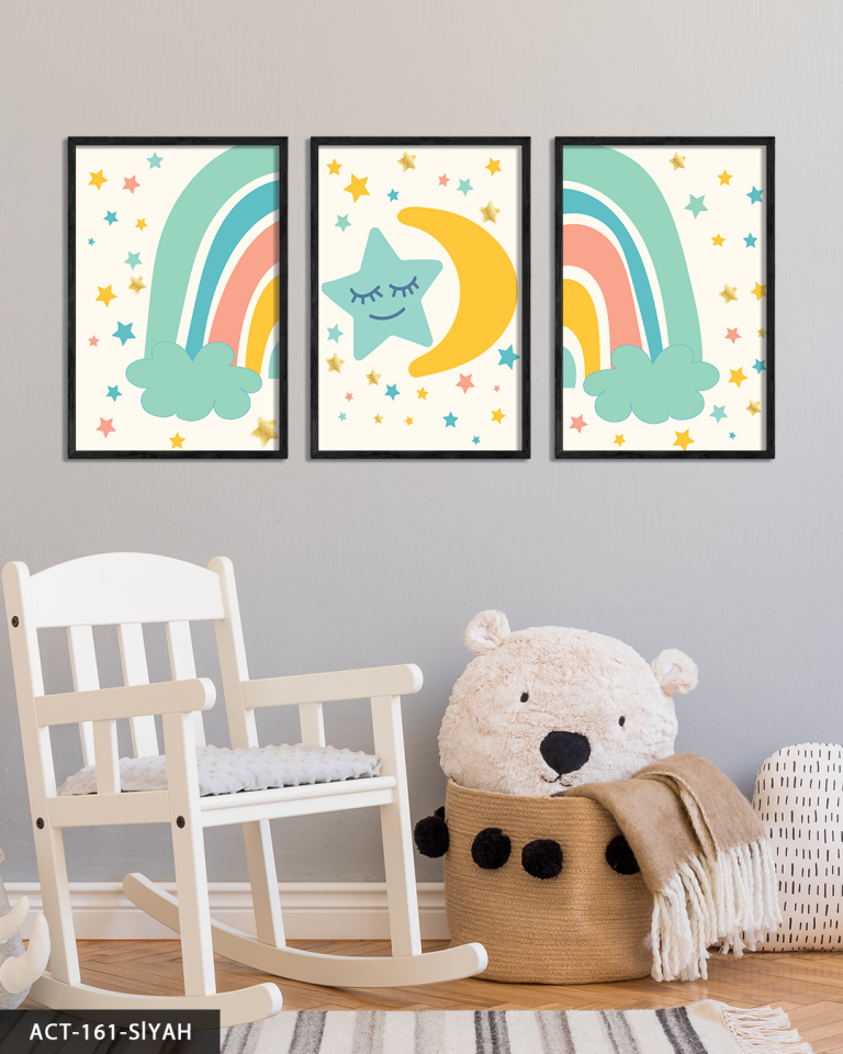 Renkli Yıldızlar ve Gökkuşağı 3 Parça Ahşap Çerçeveli Tablo ACT Siyah - 30 x 40 CM