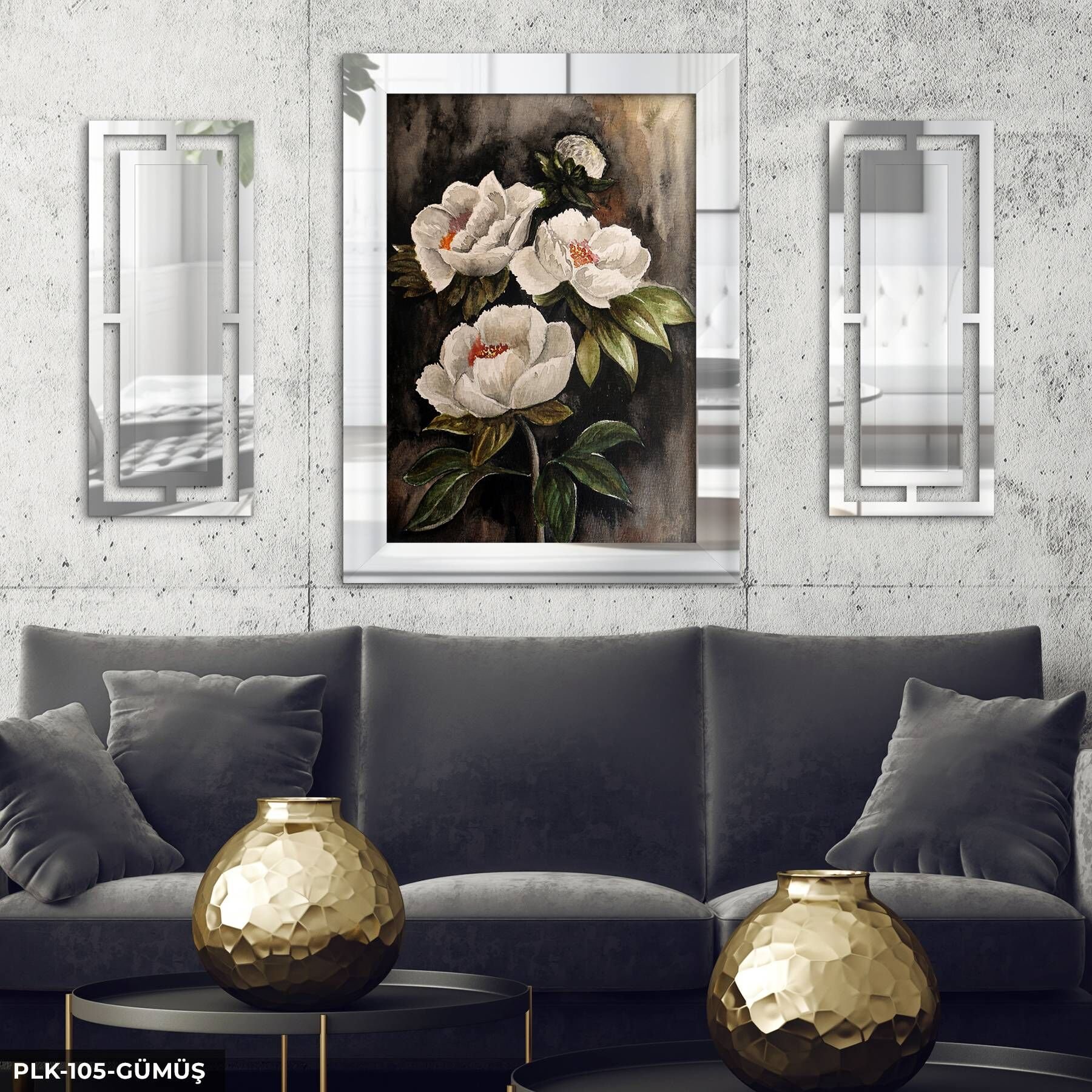 Sulu Boya Görünümlü Beyaz Çiçek Yan Dekorlu 3 Parça Pleksi Tablo DKRPLK Gümüş - 110 x 80 CM