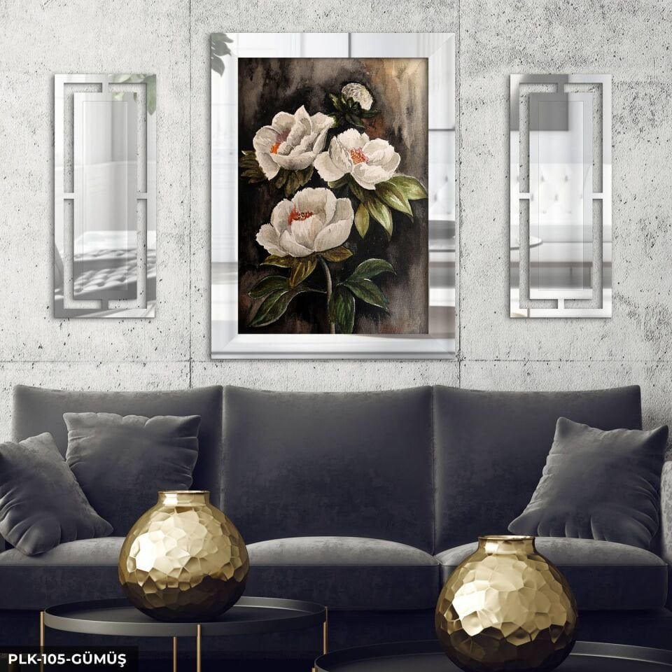 Sulu Boya Görünümlü Beyaz Çiçek Yan Dekorlu 3 Parça Pleksi Tablo DKRPLK Gümüş - 110 x 80 CM