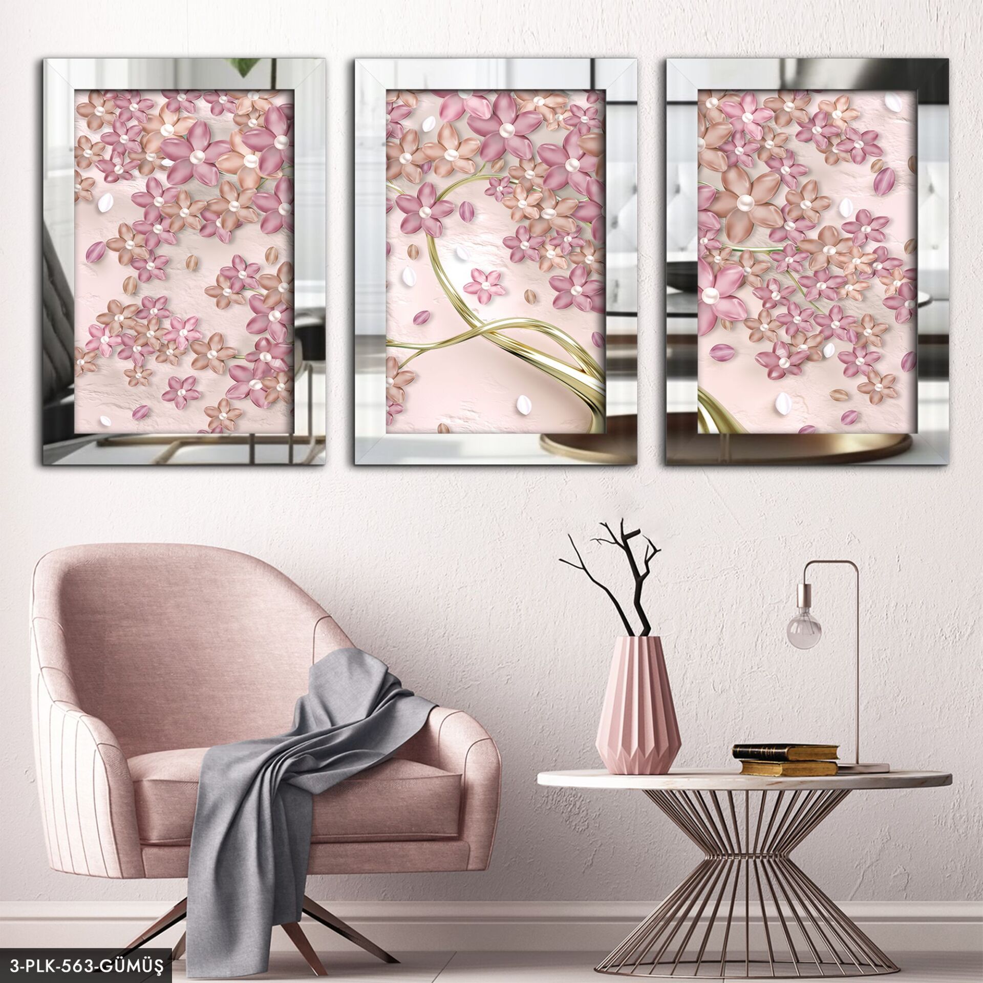 Renkli çiçekler 3 Parça Pleksi Aynalı Tablo 60 x 80 CM - Gümüş