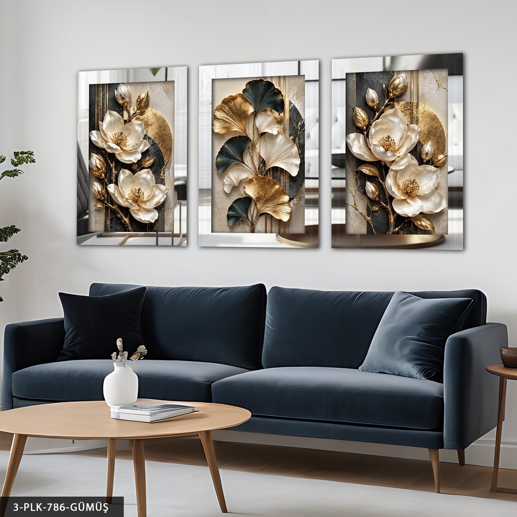 Dokulu Görünüm Gold Yapraklı Beyaz Çiçek 3 Parça Pleksi Aynalı Tablo Gümüş - 50 x 70 CM