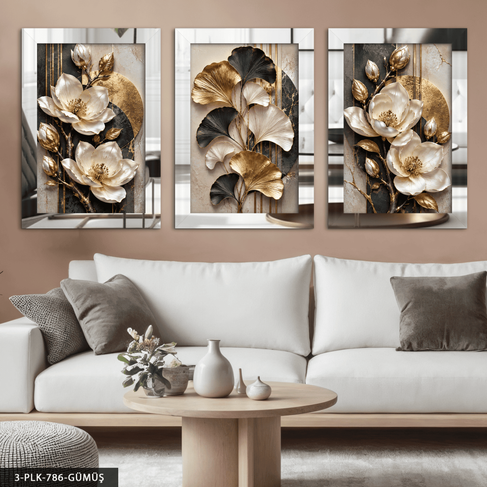Dokulu Görünüm Gold Yapraklı Beyaz Çiçek 3 Parça Pleksi Aynalı Tablo Gümüş - 50 x 70 CM