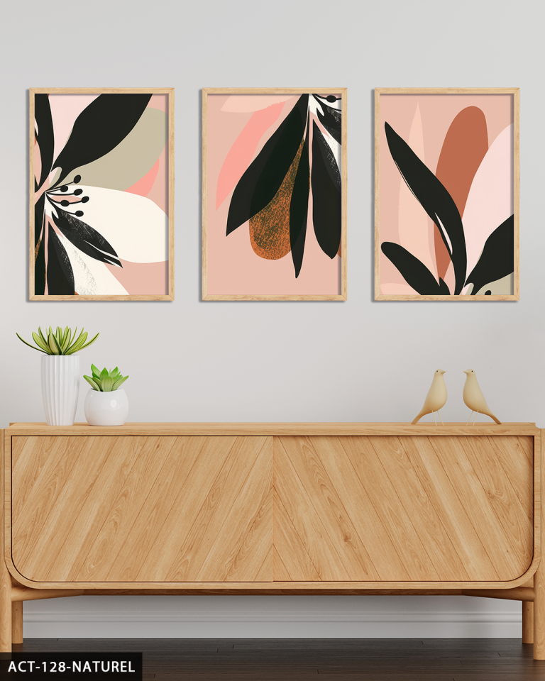 Pembe Zeminde Siyah Yapraklı Çiçek 3 Parça Ahşap Çerçeveli Tablo ACT Naturel - 20 x 30 CM