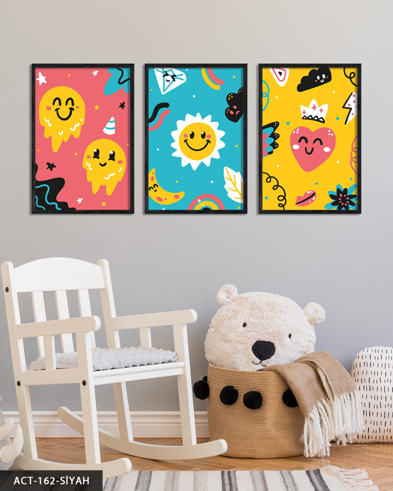 Renkli Çizgifilm Karakterleri 3 Parça Ahşap Çerçeveli Tablo ACT Siyah - 30 x 40 CM