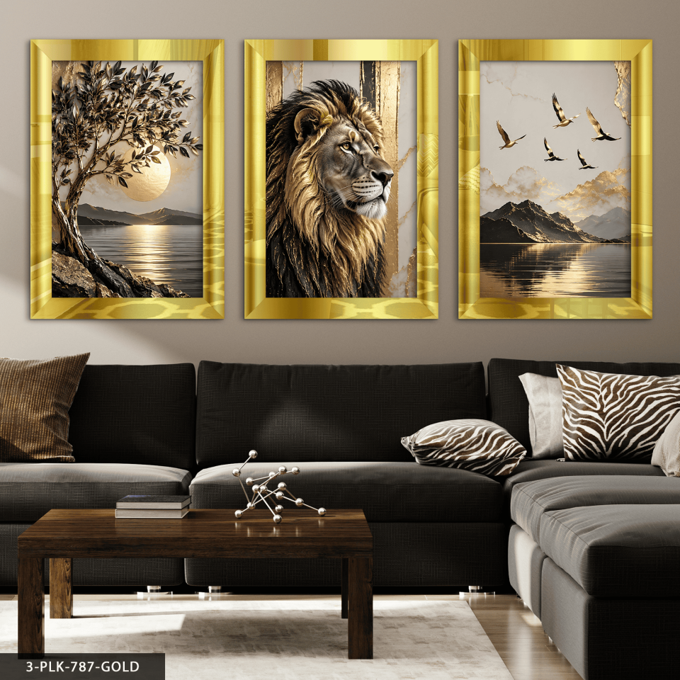 Gold Ağaç Kuşlar ve Aslan 3 Parça Pleksi Aynalı Tablo