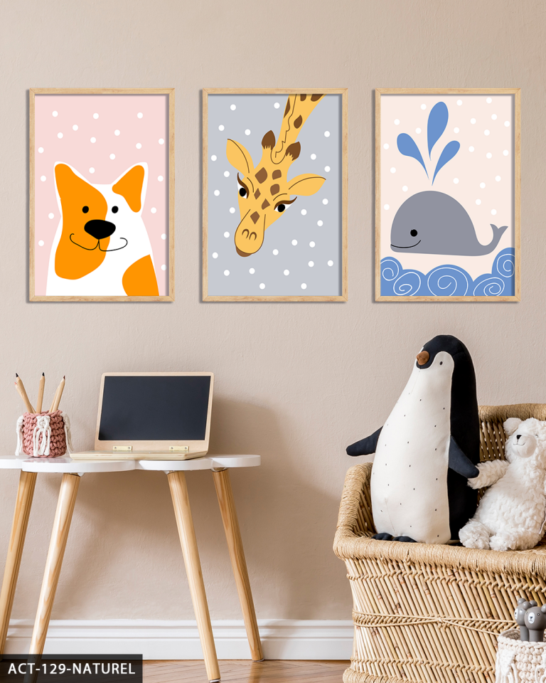 Hayvan Temalı Çocuk Odası 3 Parça Ahşap Çerçeveli Tablo ACT Naturel - 20 x 30 CM