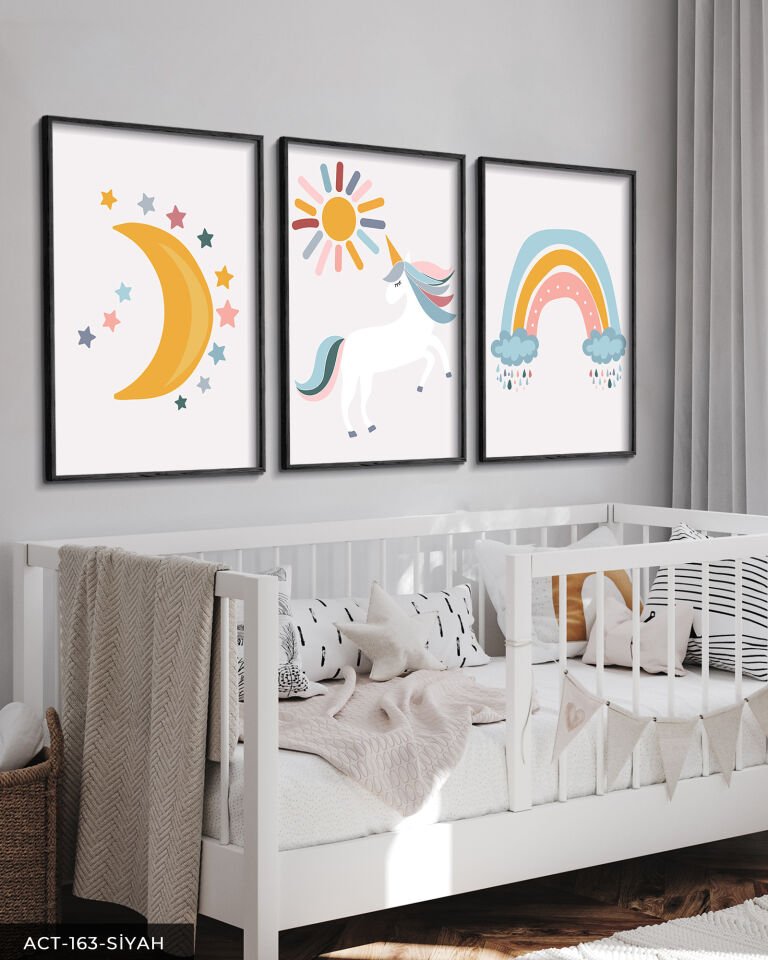 Minimalist Unicorn 3 Parça Ahşap Çerçeveli Tablo ACT Siyah - 30 x 40 CM