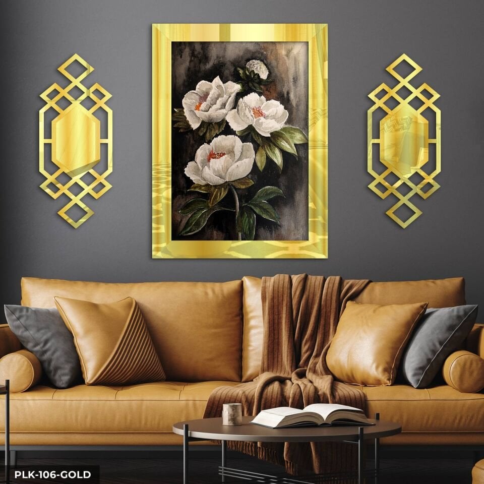 Sulu Boya Görünümlü Beyaz Çiçek Yan Dekorlu 3 Parça Pleksi Tablo DKRPLK Gold - 110 x 80 CM