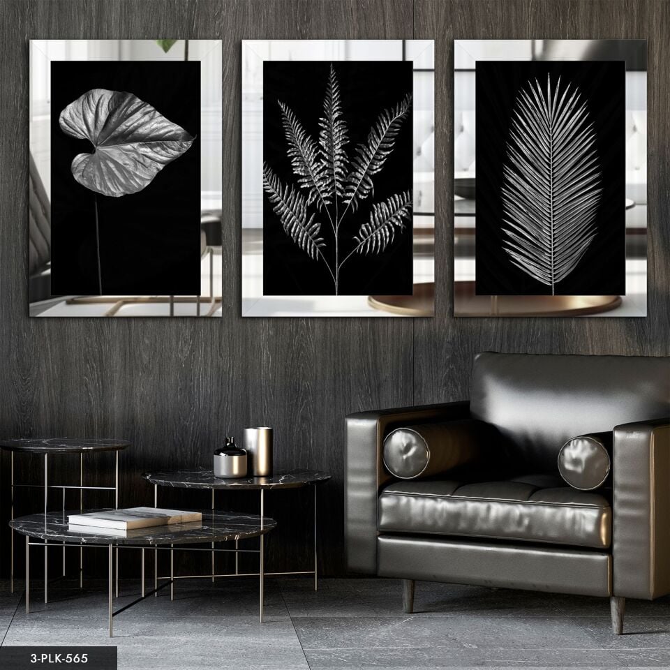 Çiçek Yaprak 3 Parça Pleksi Aynalı Tablo 60 x 80 CM - Gümüş