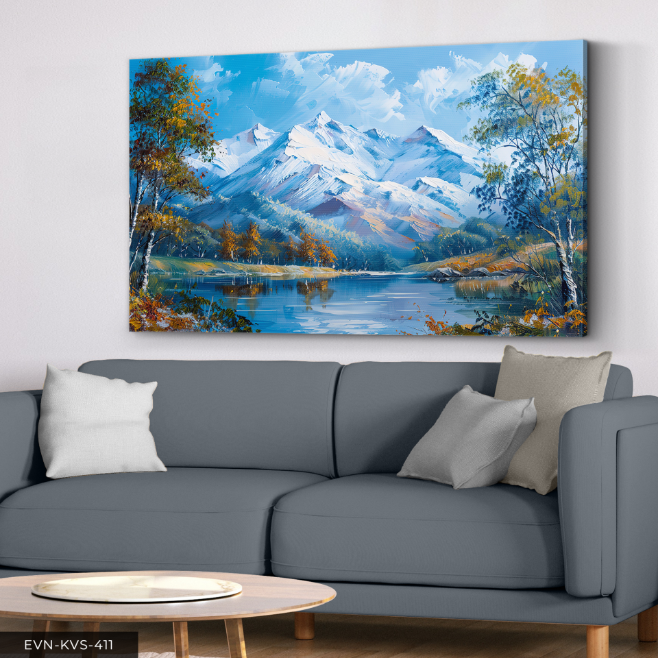 Yağlı Boya Görünümlü Dağ Manzarası Tek Parça Kanvas - Canvas Tablo 140 x 90 CM - Çok Renkli