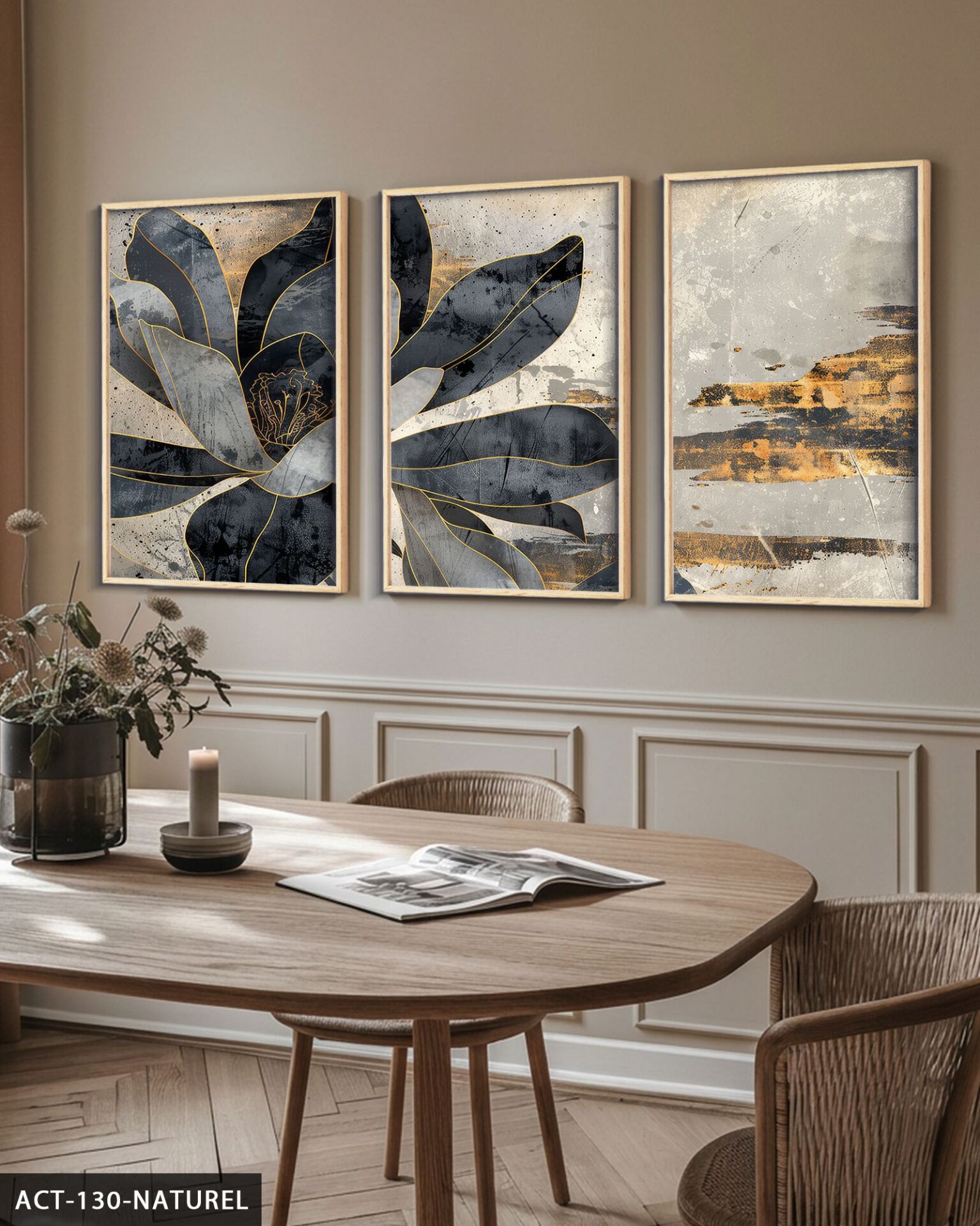 Gold Detaylı Siyah Çiçek 3 Parça Ahşap Çerçeveli Tablo ACT Naturel - 20 x 30 CM