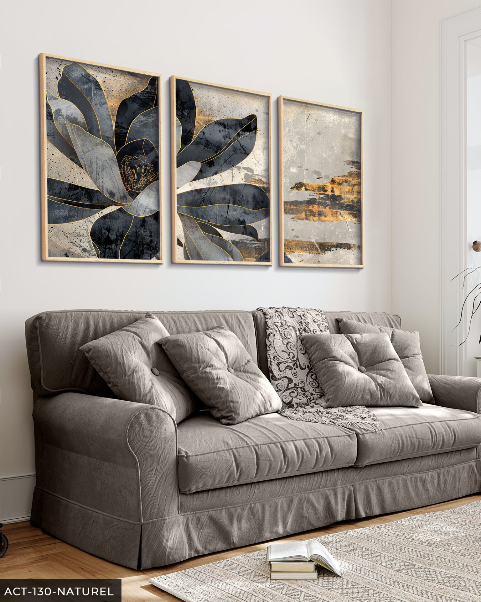 Gold Detaylı Siyah Çiçek 3 Parça Ahşap Çerçeveli Tablo ACT Naturel - 20 x 30 CM