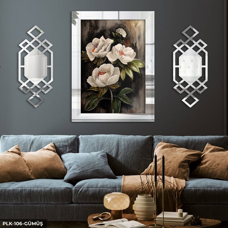 Sulu Boya Görünümlü Beyaz Çiçek Yan Dekorlu 3 Parça Pleksi Tablo DKRPLK Gümüş - 110 x 80 CM