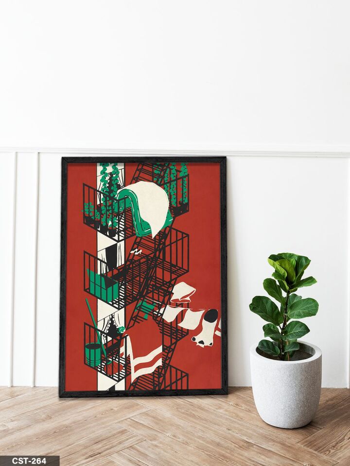 Yangın Merdiveni Tek Parça Ahşap Çerçeveli Tablo Siyah - 50 x 70 CM