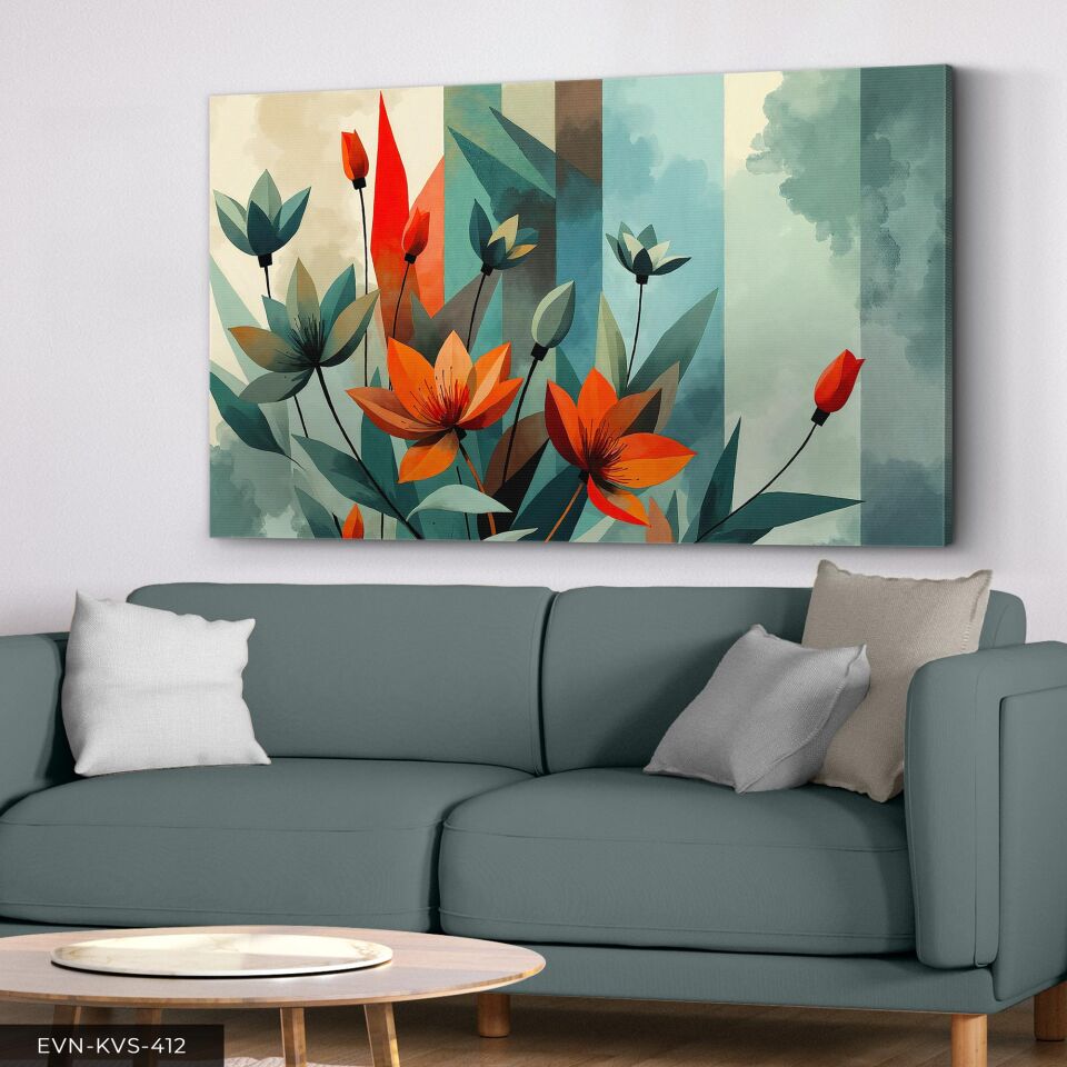 Kırmızı ve Yeşil Çiçekli Soyut Sanat Tek Parça Kanvas - Canvas Tablo 40 x 30 CM - Çok Renkli
