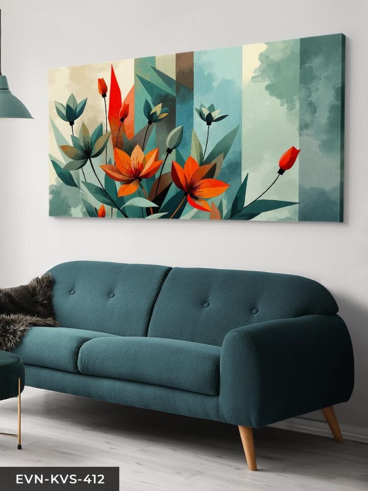 Kırmızı ve Yeşil Çiçekli Soyut Sanat Tek Parça Kanvas - Canvas Tablo 40 x 30 CM - Çok Renkli