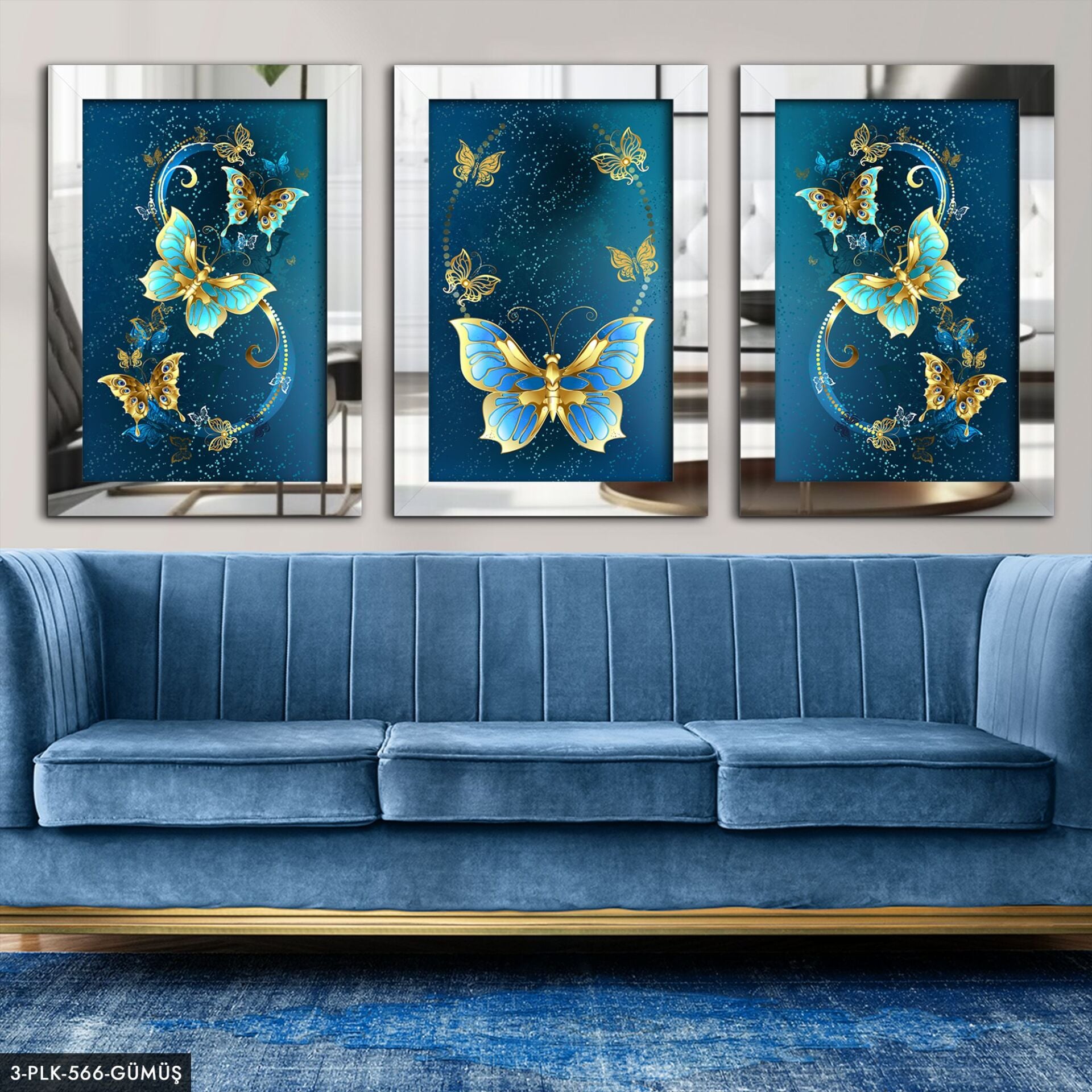 Kelebekler 3 Parça Pleksi Aynalı Tablo 60 x 80 CM - Gümüş