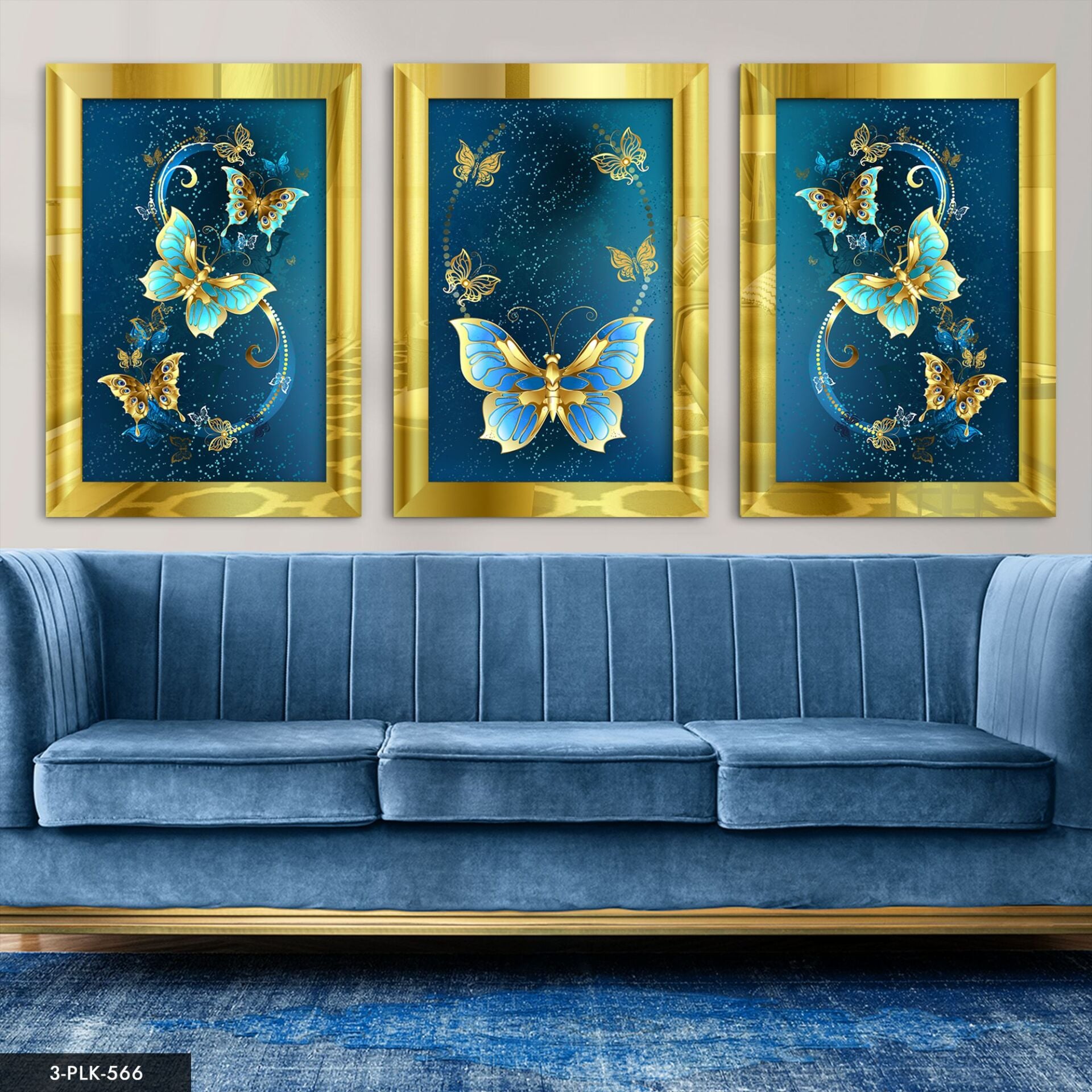 Kelebekler 3 Parça Pleksi Aynalı Tablo 60 x 80 CM - Gold