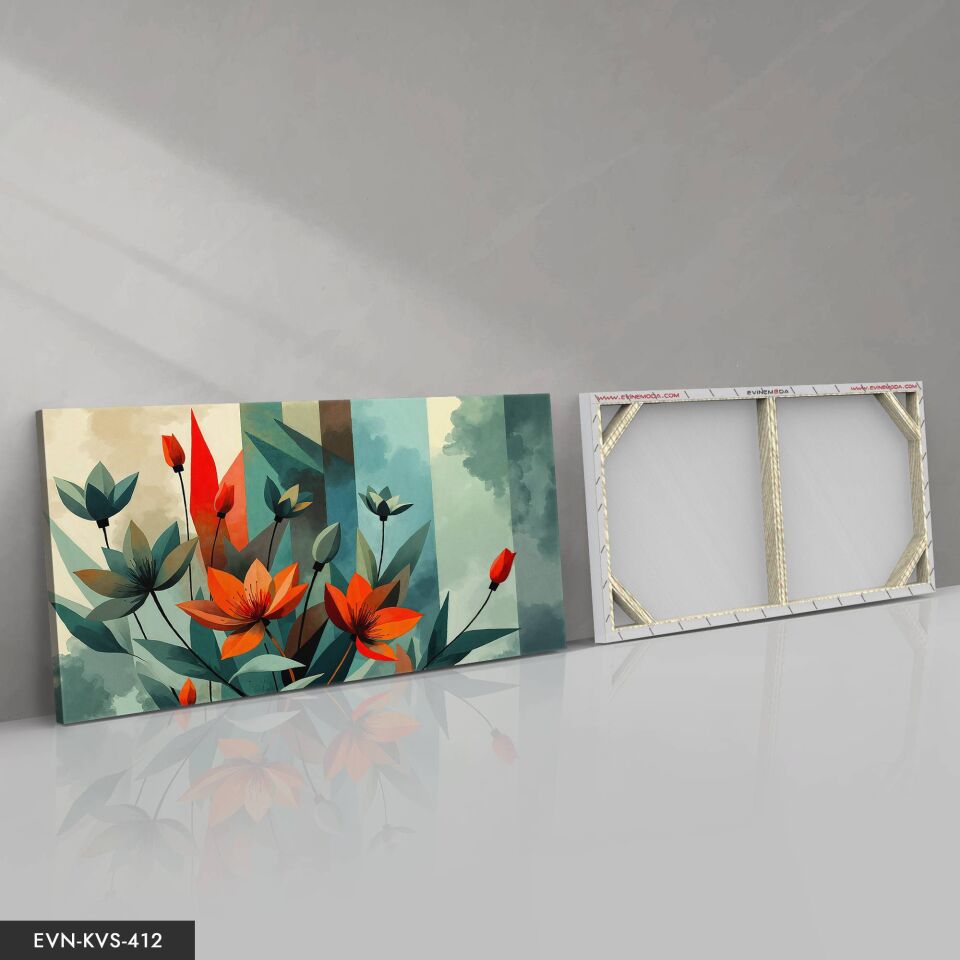Kırmızı ve Yeşil Çiçekli Soyut Sanat Tek Parça Kanvas - Canvas Tablo 40 x 30 CM - Çok Renkli