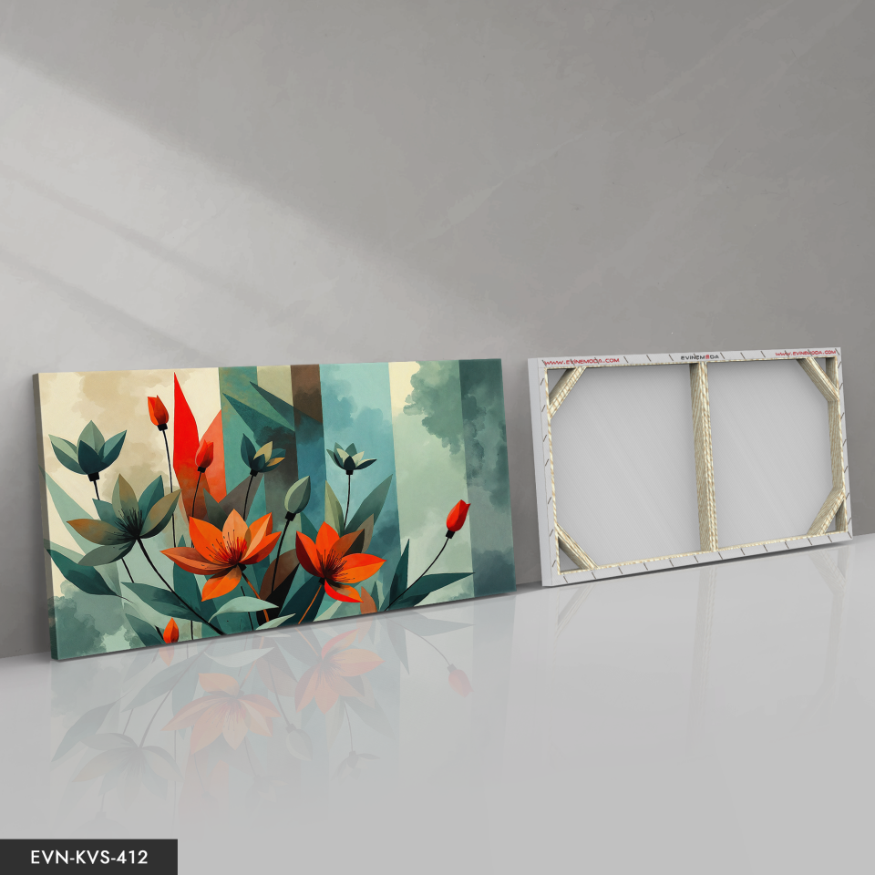 Kırmızı ve Yeşil Çiçekli Soyut Sanat Tek Parça Kanvas - Canvas Tablo 140 x 90 CM - Çok Renkli