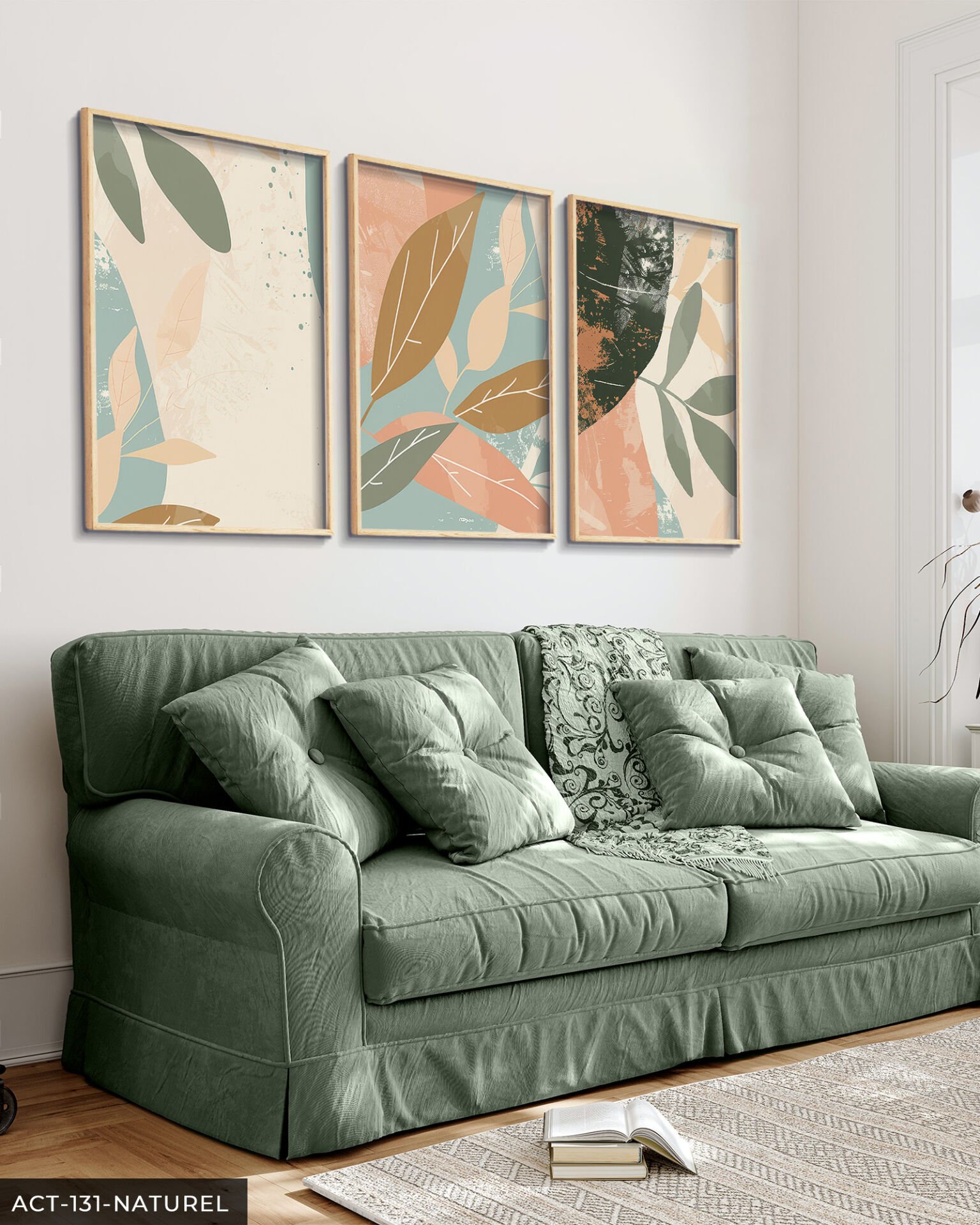 Boho Tarzı Renkli Yapraklar 3 Parça Ahşap Çerçeveli Tablo ACT Naturel - 20 x 30 CM