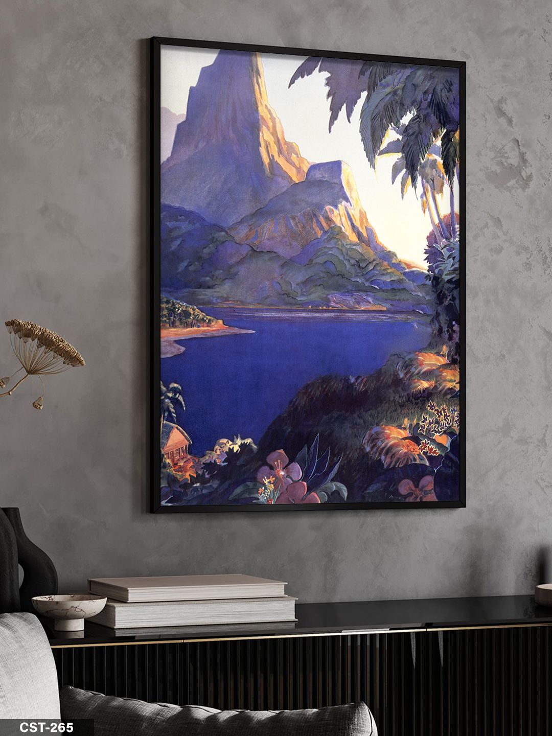 Palmiye Altında Günbatımı Tek Parça Ahşap Çerçeveli Tablo Siyah - 50 x 70 CM