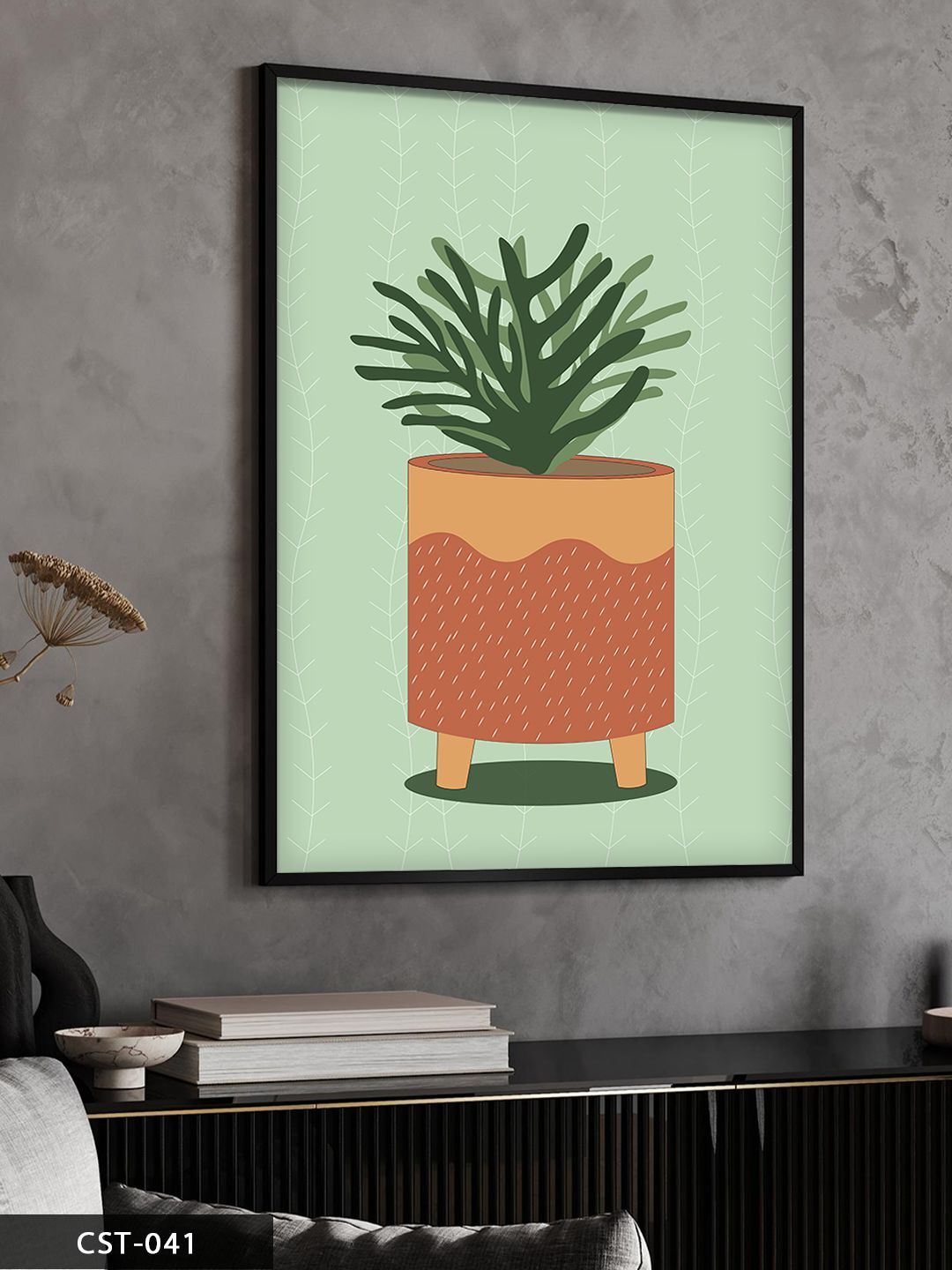 Vazoda Yeşil Çiçek Tek Parça Ahşap Çerçeveli Tablo Siyah - 20 x 30 CM