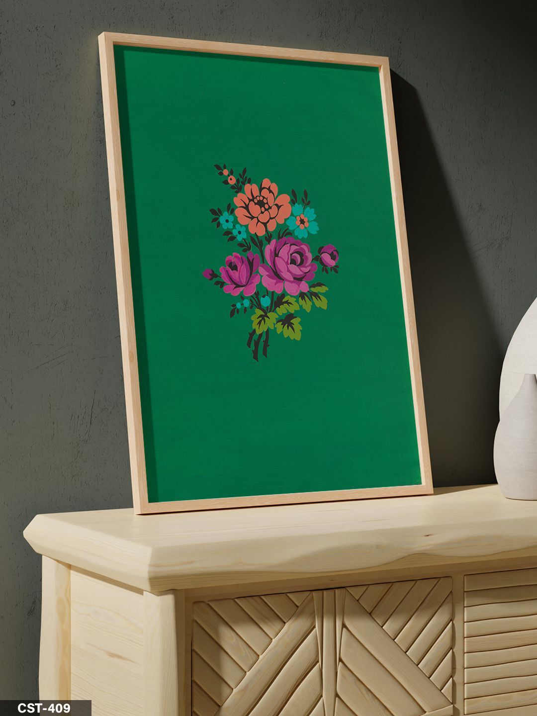 Yeşil Zeminde Renkli Gül Tek Parça Ahşap Çerçeveli Tablo Naturel - 20 x 30 CM