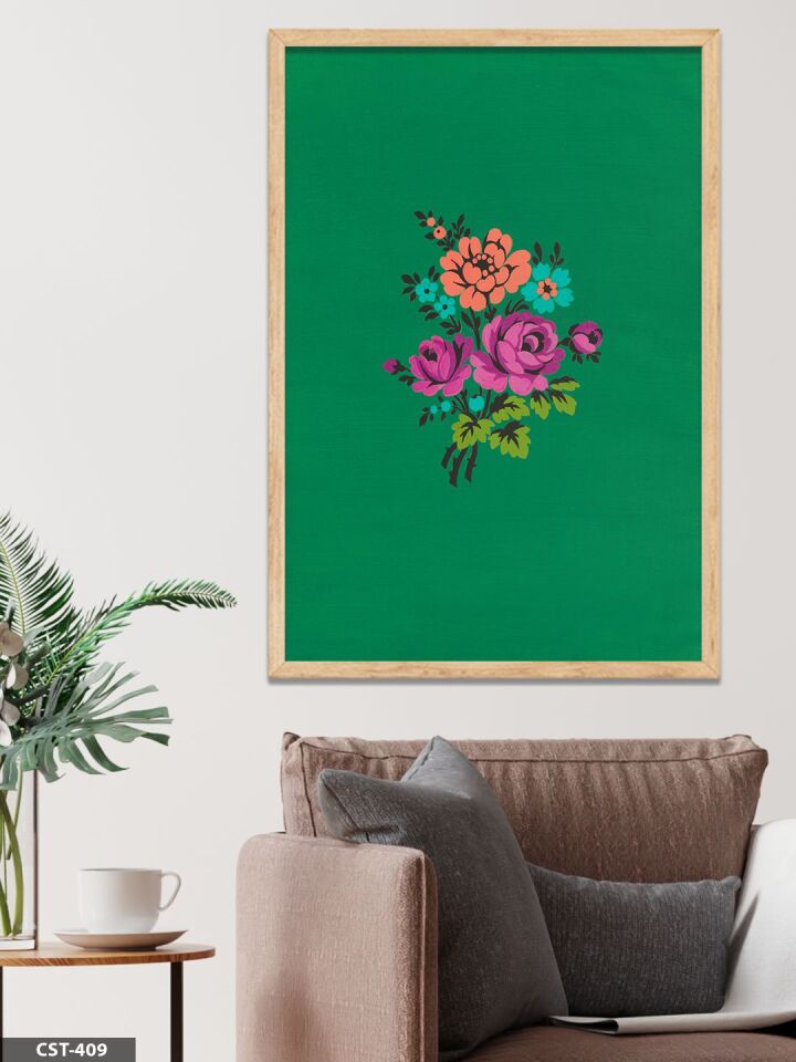 Yeşil Zeminde Renkli Gül Tek Parça Ahşap Çerçeveli Tablo Naturel - 20 x 30 CM