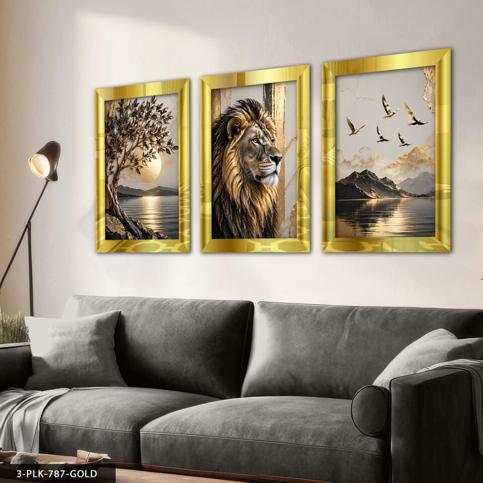 Gold Ağaç Kuşlar ve Aslan 3 Parça Pleksi Aynalı Tablo 50 x 70 CM - Gold