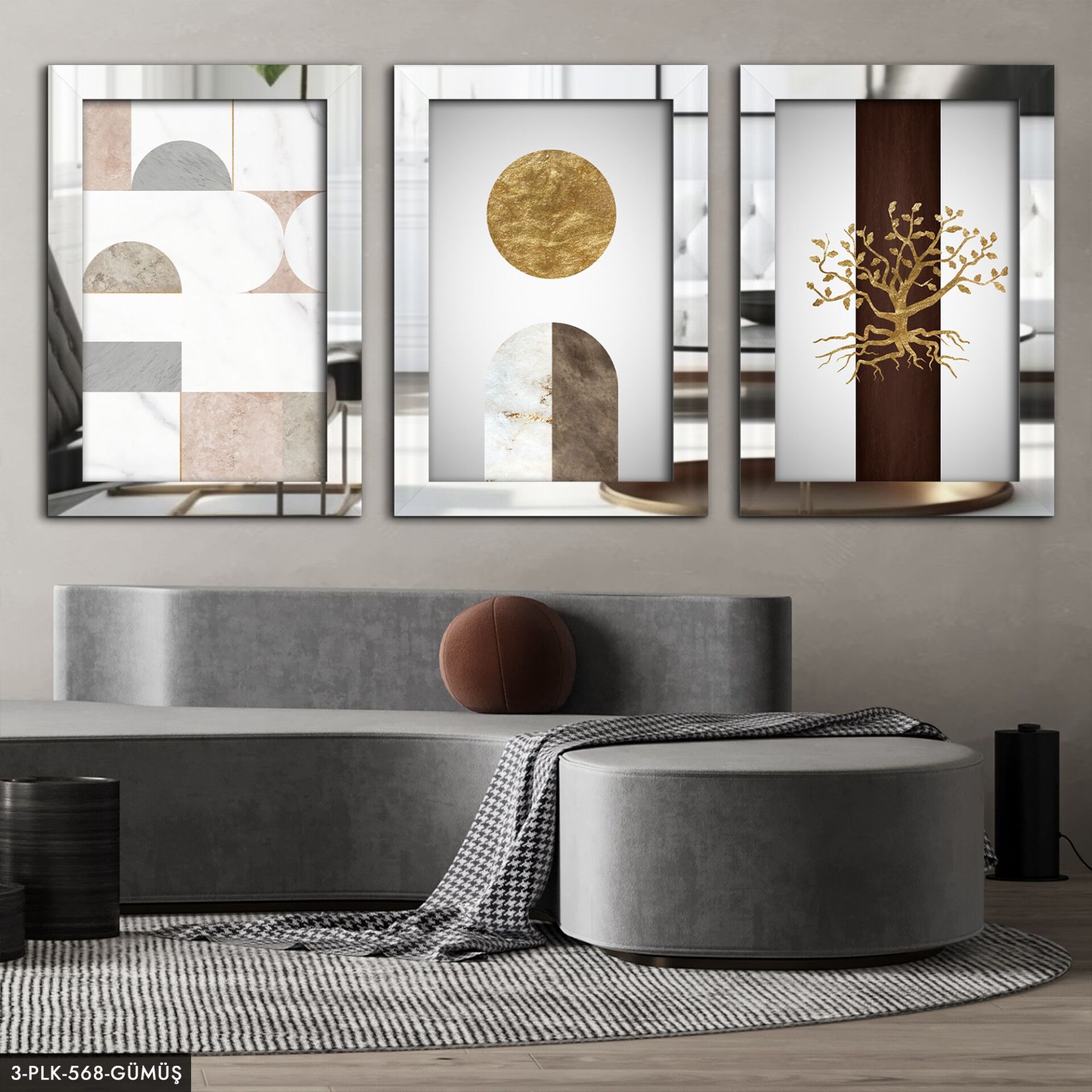 Sanatsal 3 Parça Pleksi Aynalı Tablo 60 x 80 CM - Gümüş