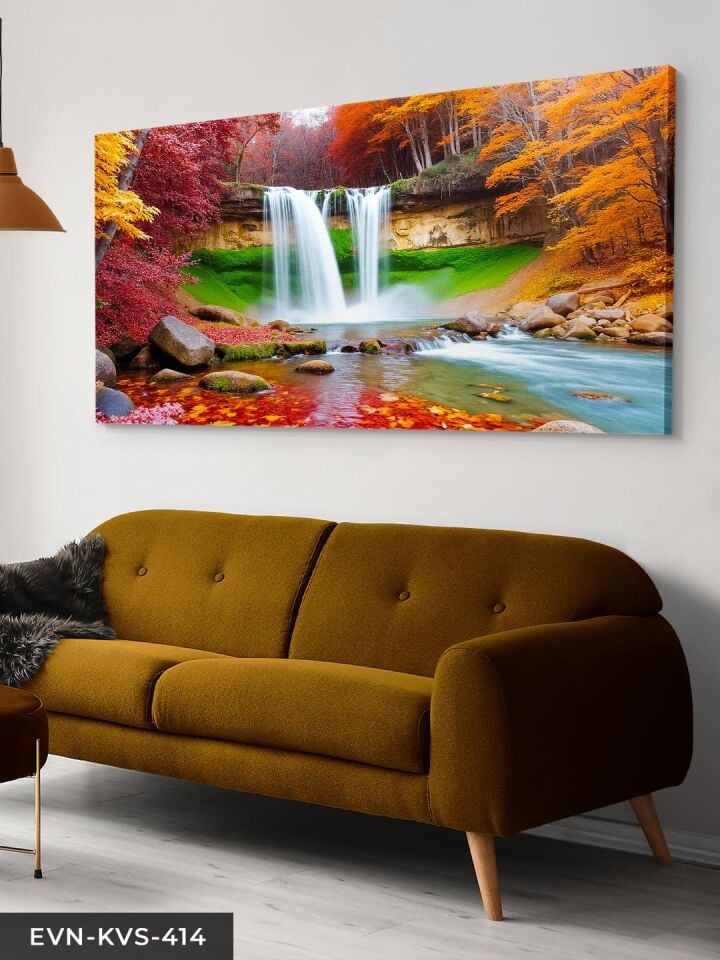 Renkli Ağaçlar ve Şelale Tek Parça Kanvas - Canvas Tablo 40 x 30 CM - Çok Renkli