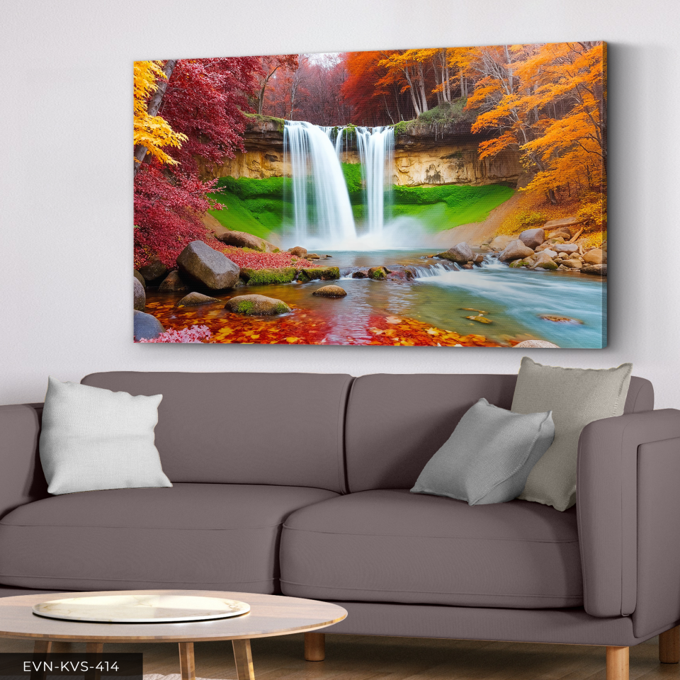 Renkli Ağaçlar ve Şelale Tek Parça Kanvas - Canvas Tablo 140 x 90 CM - Çok Renkli