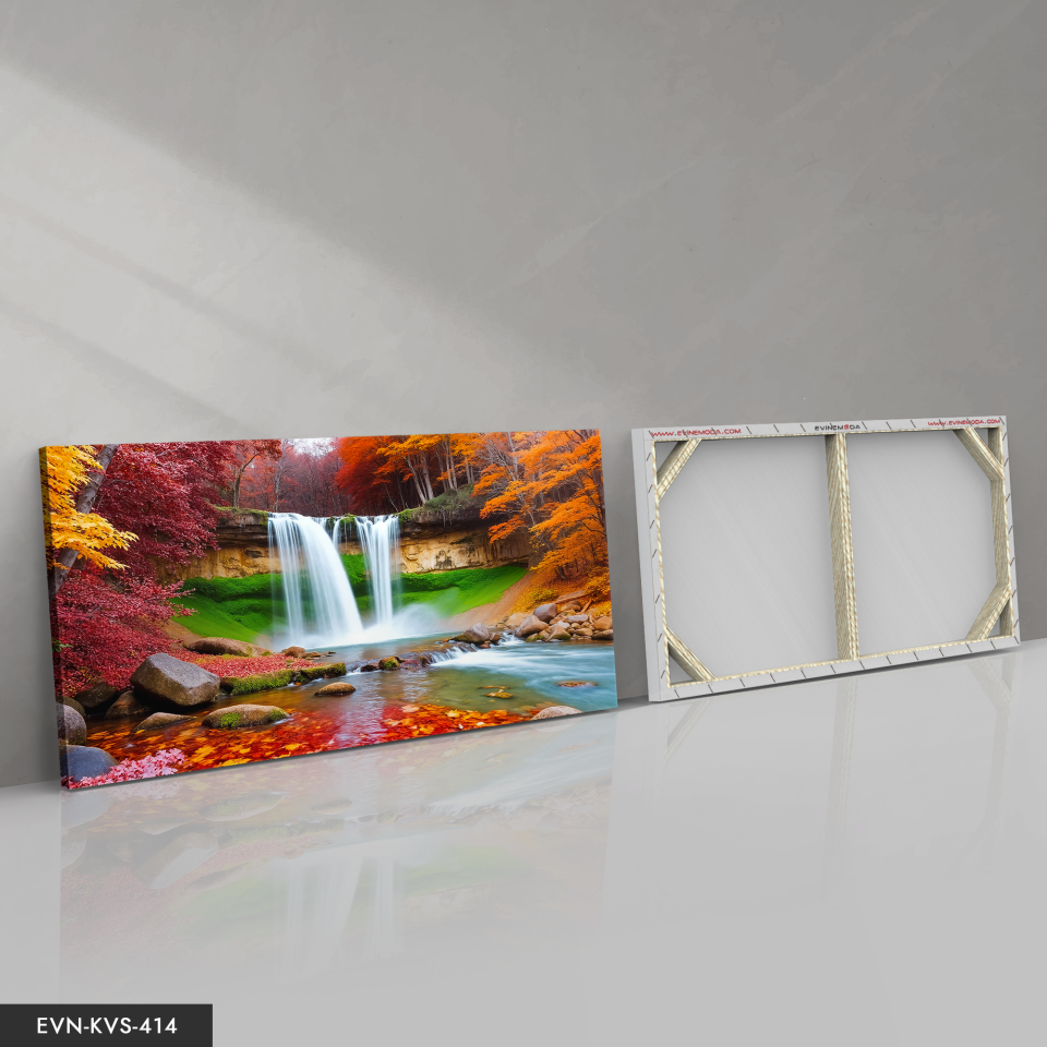 Renkli Ağaçlar ve Şelale Tek Parça Kanvas - Canvas Tablo 140 x 90 CM - Çok Renkli