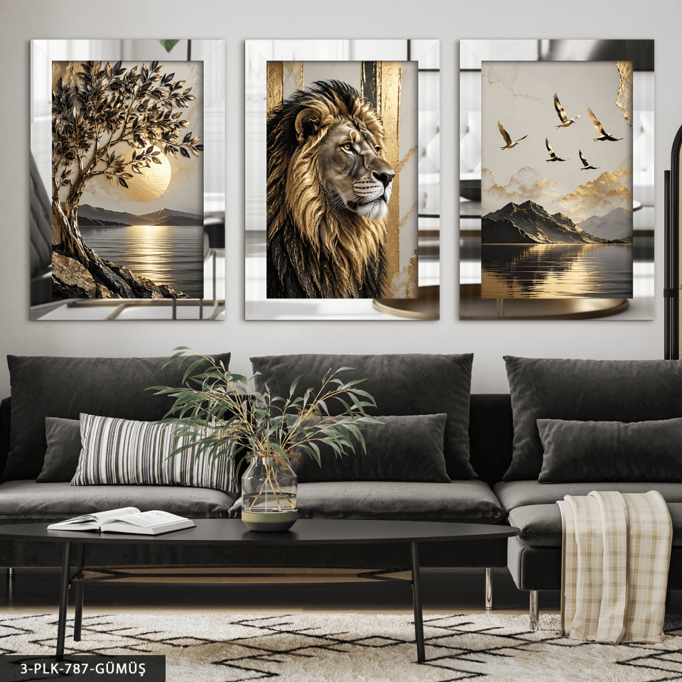 Gold Ağaç Kuşlar ve Aslan 3 Parça Pleksi Aynalı Tablo Gümüş - 30 x 40 CM