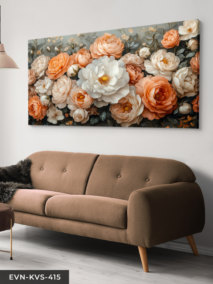 Beyaz ve Turuncu Çiçekler Tek Parça Kanvas - Canvas Tablo 140 x 90 CM - Çok Renkli