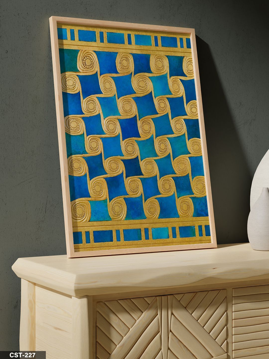 Mavi Altın Spiral Tek Parça Ahşap Çerçeveli Tablo Naturel - 40 x 60 CM