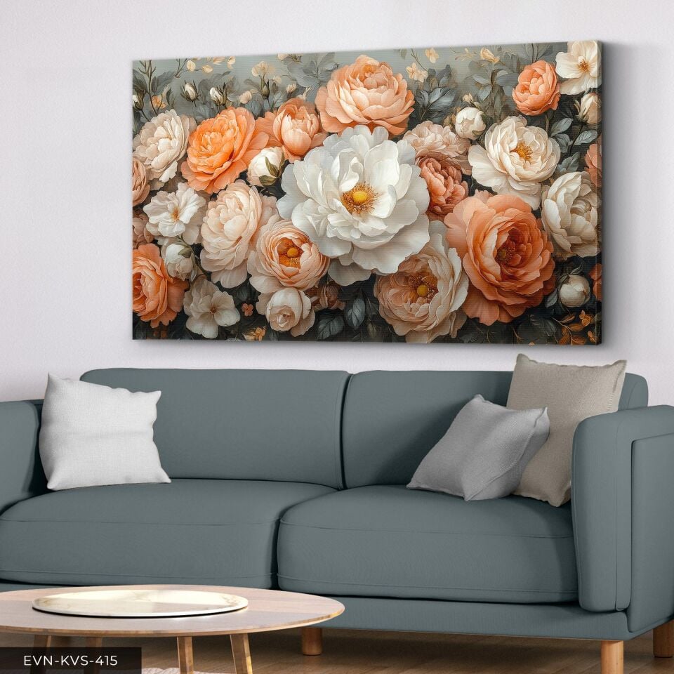 Beyaz ve Turuncu Çiçekler Tek Parça Kanvas - Canvas Tablo 40 x 30 CM - Çok Renkli