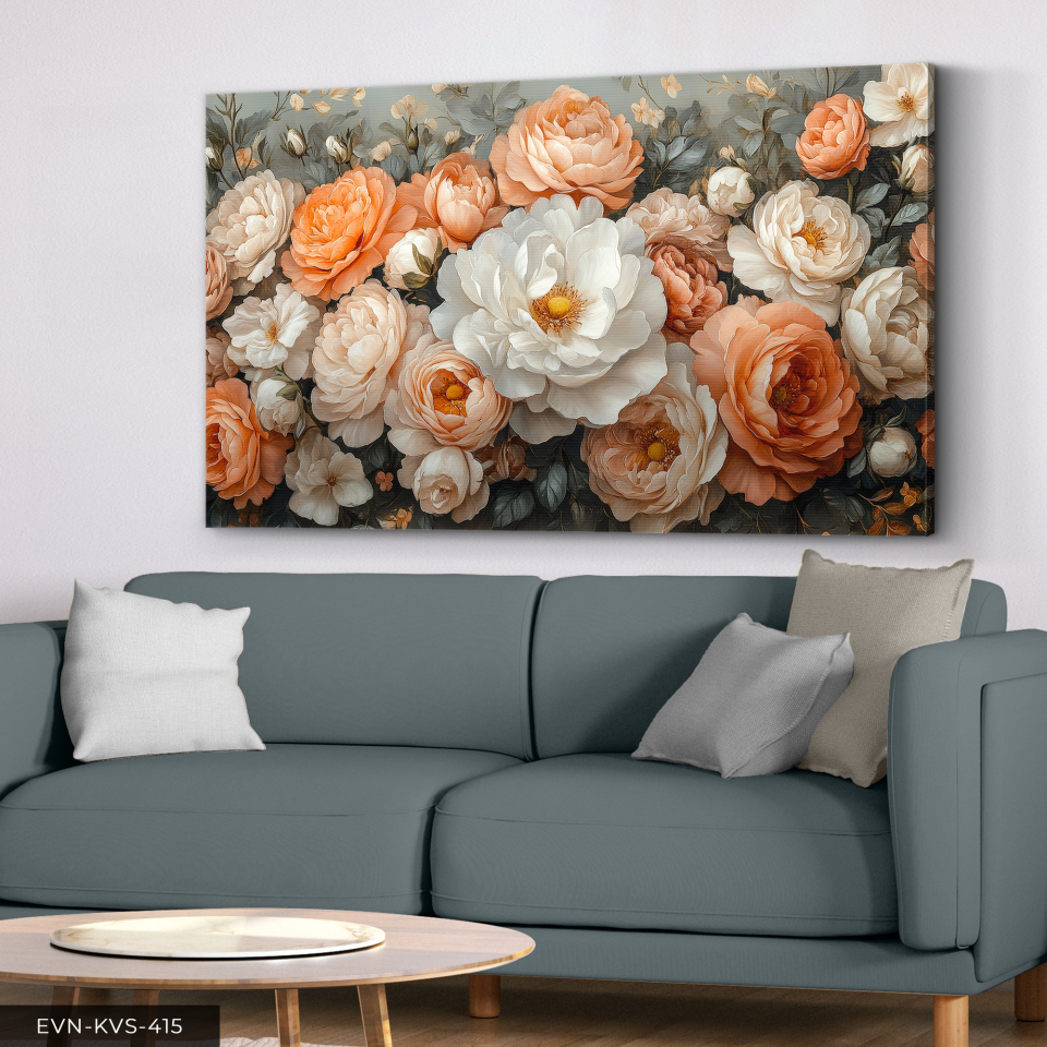 Beyaz ve Turuncu Çiçekler Tek Parça Kanvas - Canvas Tablo 140 x 90 CM - Çok Renkli