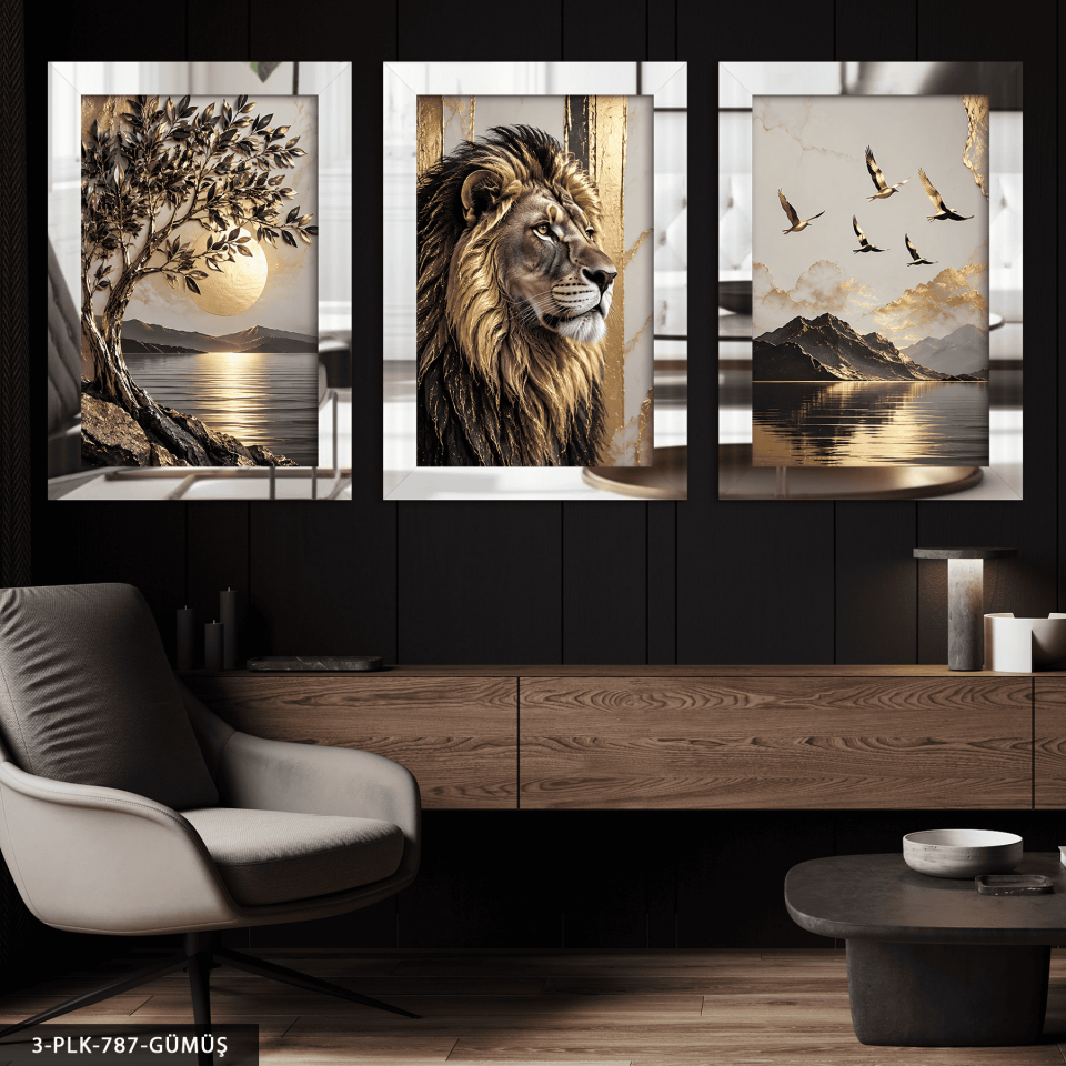 Gold Ağaç Kuşlar ve Aslan 3 Parça Pleksi Aynalı Tablo Gümüş - 40 x 60 CM