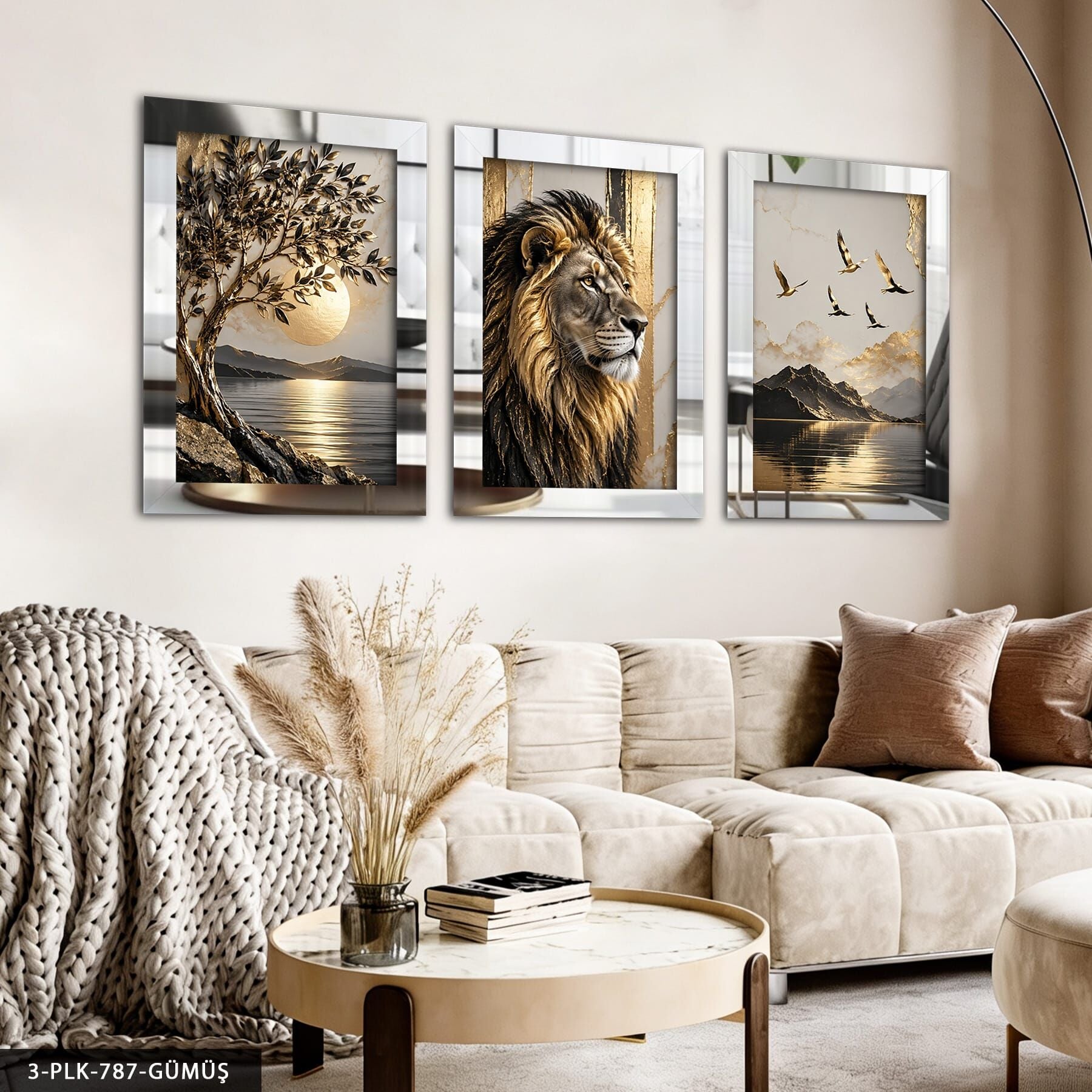 Gold Ağaç Kuşlar ve Aslan 3 Parça Pleksi Aynalı Tablo Gümüş - 40 x 60 CM